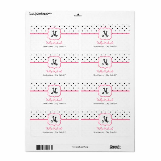 Monogram Adreslabel - Polka Dot / Roze Etiket (Full Sheet)