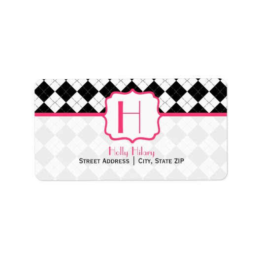 Monogram Adreslabel - Zwart Argyle en Roze Etiket (Voorkant)