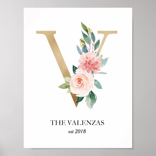 Monogram afdruk, Letter V, Trouwcadeau, Kinderkame Poster (Voorkant)
