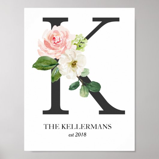 Monogram afdrukken, bloemrijke letter K, Trouwen,  Poster (Voorkant)