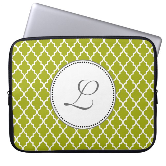 monogram afgekoeld limoen quatrefoliepatroon laptop sleeve (Voorkant)