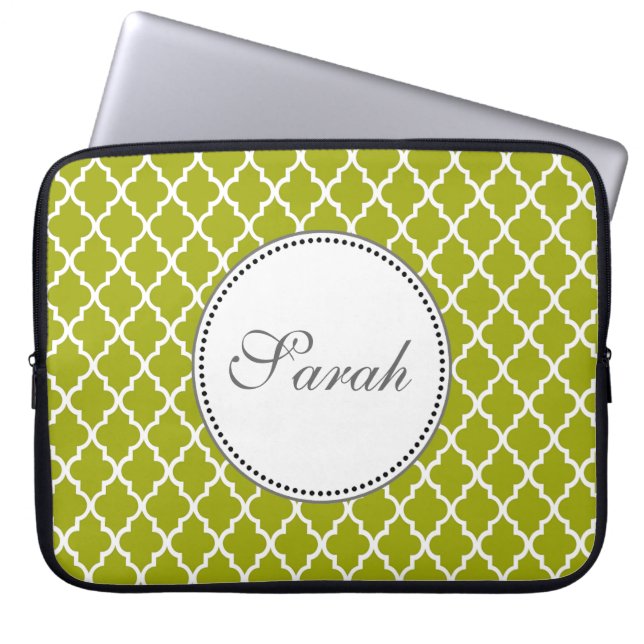 monogram afgekoeld limoen quatrefoliepatroon laptop sleeve (Voorkant)
