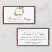 Monogram Afspraakkaart Roos Bloemen Groen Glitter Visitekaartje (Voorkant / Achterkant)