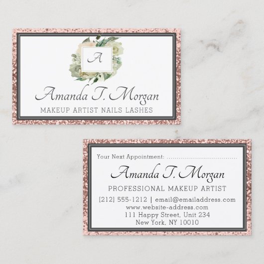 Monogram Afspraakkaart Roos Bloemen Groen Glitter Visitekaartje (Voorkant / Achterkant)