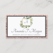 Monogram Afspraakkaart Roos Bloemen Groen Glitter Visitekaartje (Voorkant)