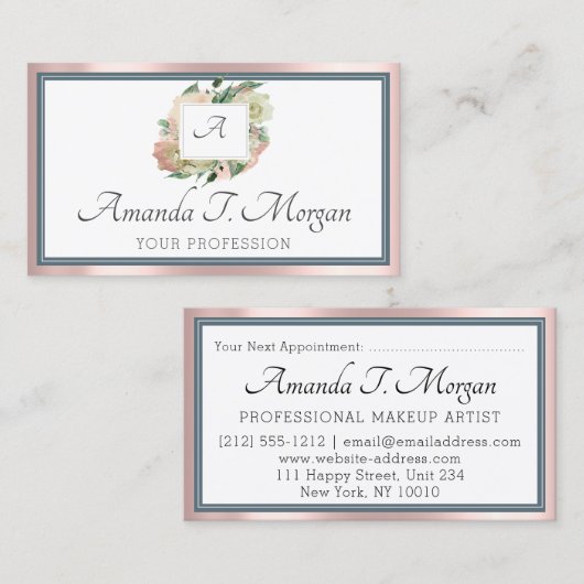 Monogram Afspraakkaart Roos Groen Stoffig Blauw Visitekaartje (Voorkant / Achterkant)