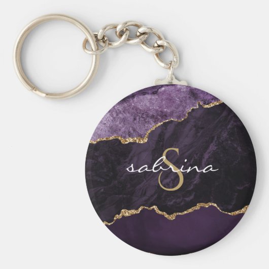 Monogram Agaat Geode Paars Goud Sleutelhanger (Voorkant)