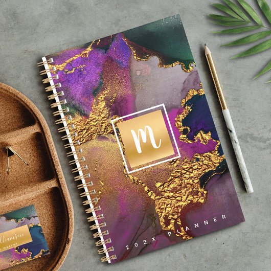 Monogram agaat goud paarse blauw waterverf op maat planner