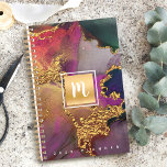 Monogram agaat waterverf goud paarse blauw groen planner<br><div class="desc">Een fonkelende, faux gold folie rechthoek met een script typografie monogram initiaal bedekt een rijke, goudgeaderde, marineblauw, jager groen, roze en paarse waterverf achtergrond op deze chique, elegante, trendy, aangepaste naam jaarlijkse planner. Personaliseer met je initiaal. Deze planner wordt geleverd in 2 maten: klein (5, 5 "x8, 5") en middelgroot...</div>