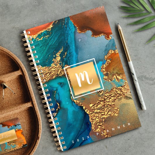Monogram agaat waterverf goud turquoise sinaasappe planner
