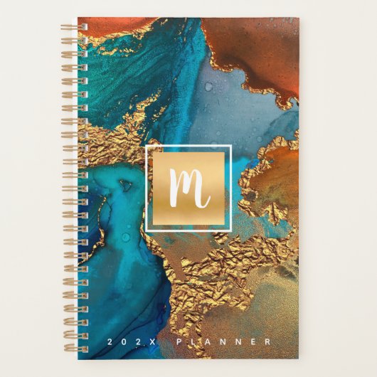 Monogram agaat waterverf goud turquoise sinaasappe planner (Voorkant)
