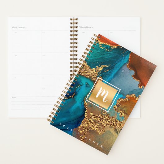 Monogram agaat waterverf goud turquoise sinaasappe planner (Display)