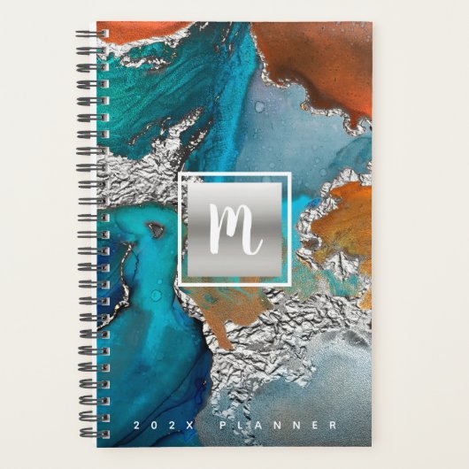 Monogram agaat waterverf zilverturkoois sinaasappe planner (Voorkant)