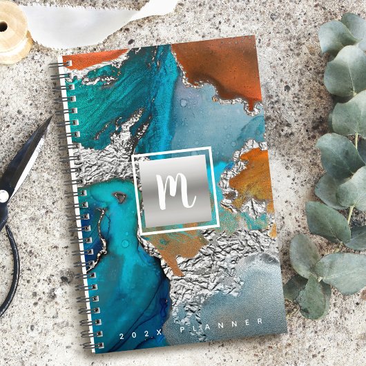 Monogram agaat waterverf zilverturkoois sinaasappe planner