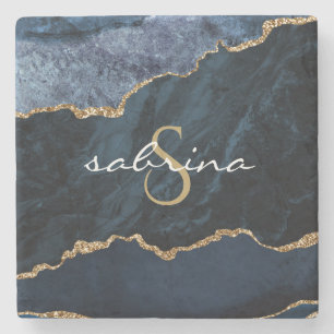 Monogram Agate Geode Navy Blauwe Goud Stenen Onderzetter