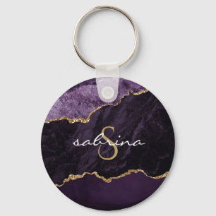 Monogram Agate Geode Paars Gold Sleutelhanger