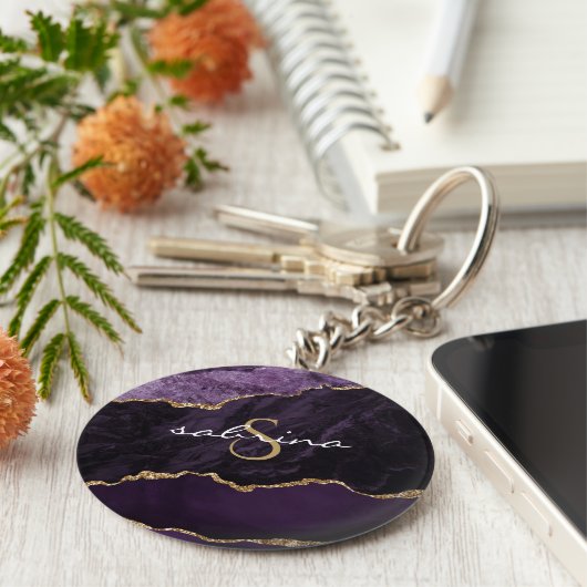 Monogram Agate Geode Paars Gold Sleutelhanger (Zijkant)