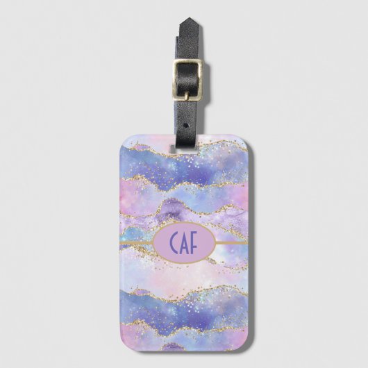 Monogram Agate Glitter Trendy Blue Pink Paars Bagagelabel (Voorkant (verticaal))
