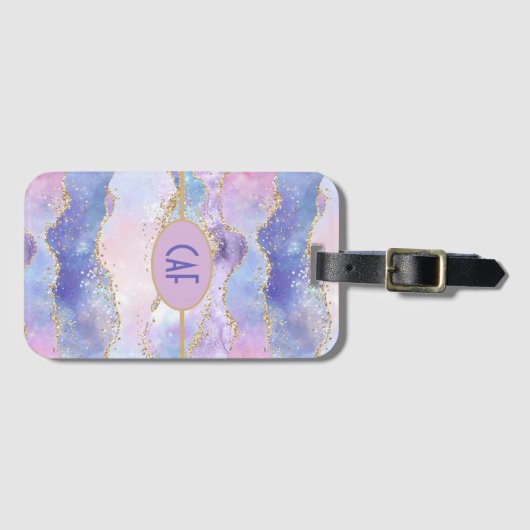 Monogram Agate Glitter Trendy Blue Pink Paars Bagagelabel (Voorkant (horizontaal))