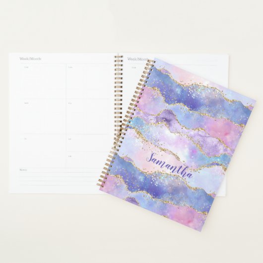 Monogram Agate Glitter Trendy Blue Pink Paars Planner (Display)