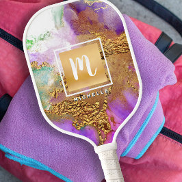 Monogram Agate Waterverf Goud Folie Paars Roze Pickleball Paddle