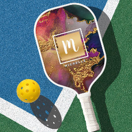 Monogram Agate Waterverf Goud Paars Groen Blauw Pickleball Paddle
