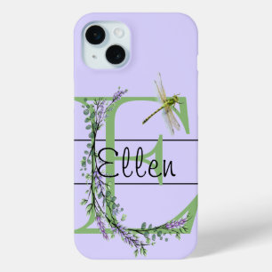 Monogram alfabet E Lavendel Eucalyptus Dragonfly iPhone 15 Mini Hoesje