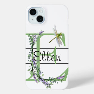 Monogram alfabet E Lavendel Eucalyptus Dragonfly iPhone 15 Mini Hoesje