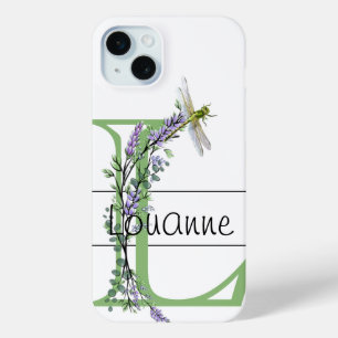 Monogram alfabet L Lavendel Eucalyptus Dragonfly iPhone 15 Mini Hoesje