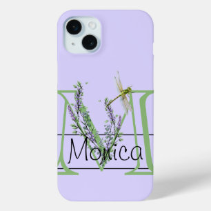 Monogram alfabet M Lavendel Eucalyptus Dragonfly iPhone 15 Mini Hoesje