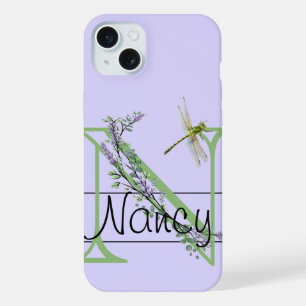 Monogram alfabet N Lavendel Eucalyptus Dragonfly iPhone 15 Plus Case