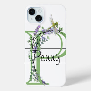 Monogram alfabet P Lavendel Eucalyptus Dragonfly iPhone 15 Mini Hoesje