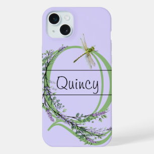 Monogram alfabet Q Lavendel Eucalyptus Dragonfly iPhone 15 Plus Case