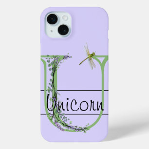 Monogram alfabet U Lavendel Eucalyptus Dragonfly iPhone 15 Mini Hoesje