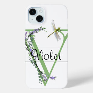 Monogram alfabet V Lavendel Eucalyptus Dragonfly iPhone 15 Mini Hoesje
