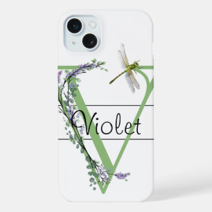 Monogram alfabet V Lavendel Eucalyptus Dragonfly iPhone 15 Plus Case
