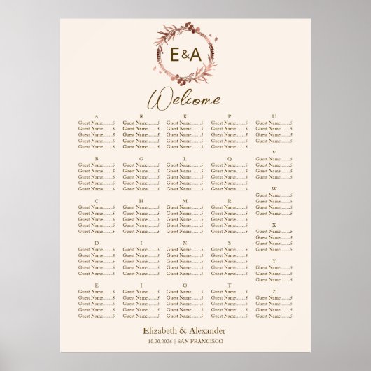 Monogram Alfabetische Zitschaafkaart Poster (Voorkant)