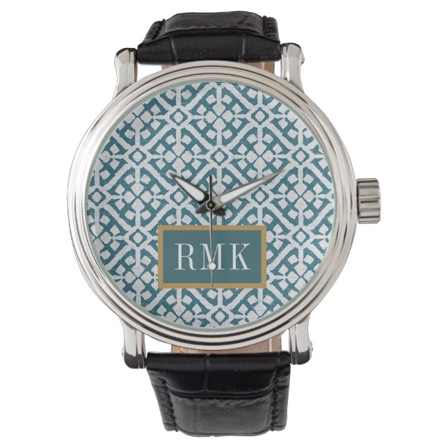 Monogram | Amadora Blue Pattern Horloge (Voorkant)
