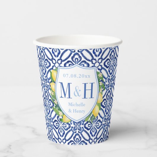 Monogram amalfi Lemons Wedding Shower Couples Papieren Bekers (Voorkant)