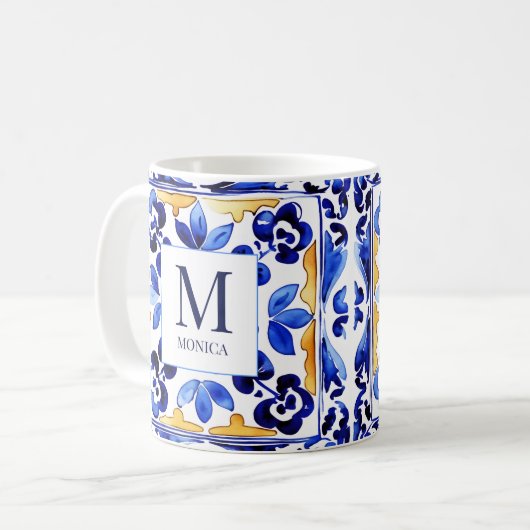 Monogram Amalfi Vietri Italiaans blauw tegels gesc Koffiemok (Voorkant links)
