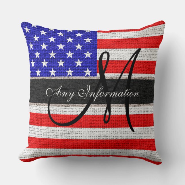 Monogram American Flag Burlap Linen Rustic Jute Kussen (Voorkant)