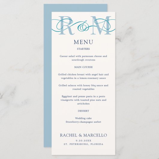 Monogram Ampersand Dusty Navy Blue Wedding Menu (Voorkant / Achterkant)