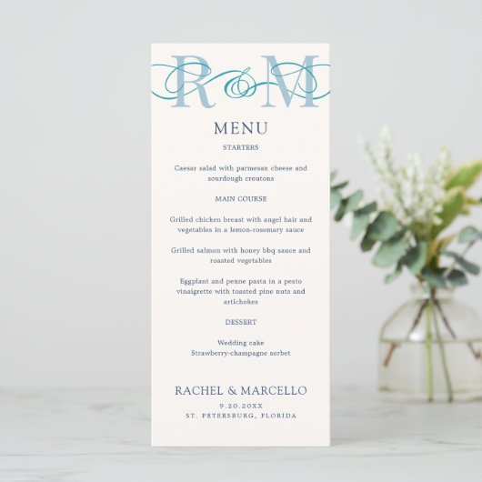 Monogram Ampersand Dusty Navy Blue Wedding Menu (Staand voorkant)