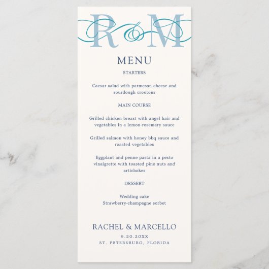 Monogram Ampersand Dusty Navy Blue Wedding Menu (Voorkant)