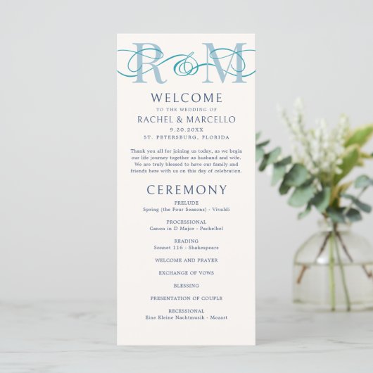 Monogram Ampersand Dusty Navy Blue Wedding Program (Staand voorkant)