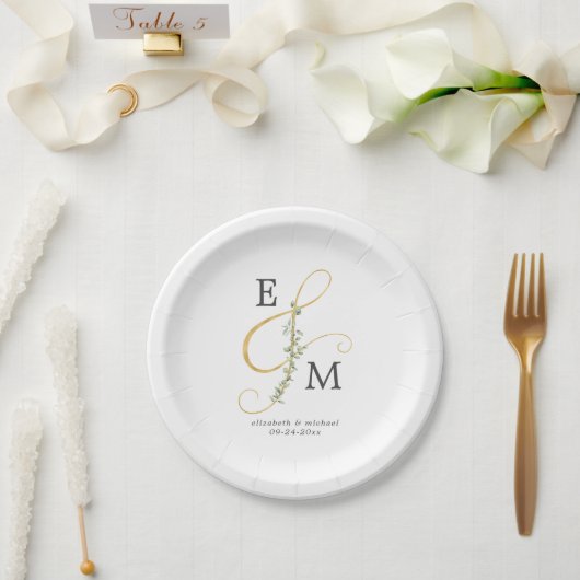 Monogram Ampersand Eucalyptus Greenery Wedding Papieren Bordje (Huwelijk)