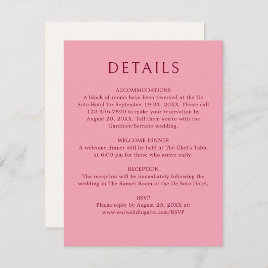 Monogram Ampersand Red Pink Wedding Details Informatiekaartje (Voorkant / Achterkant)