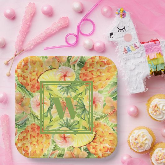 Monogram anananas Flowers Greenery Papieren Bordje (Feest)