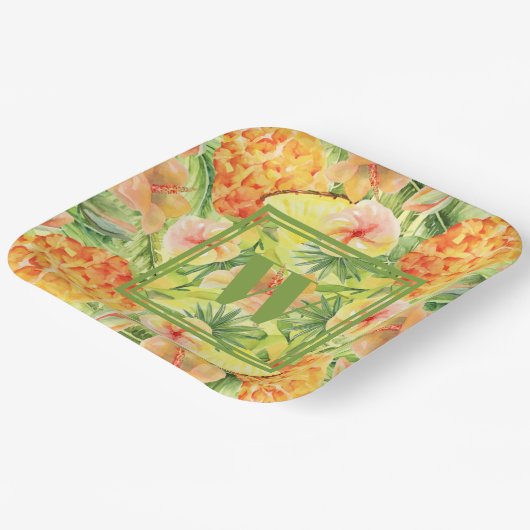 Monogram anananas Flowers Greenery Papieren Bordje (Gebogen)