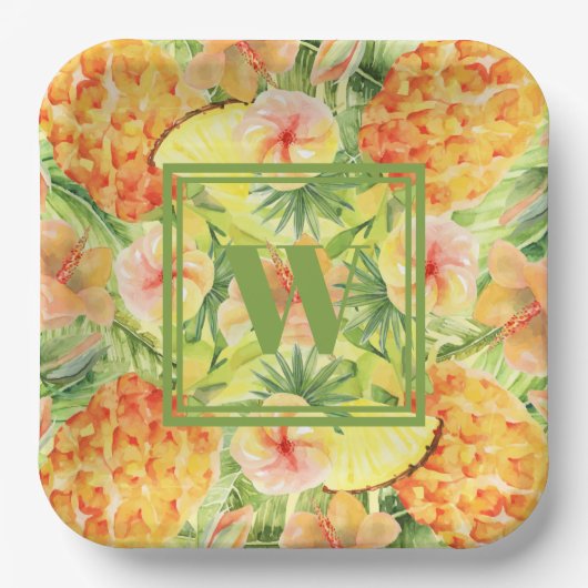 Monogram anananas Flowers Greenery Papieren Bordje (Voorkant)